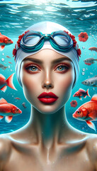 Poster - A surreal portrait of a woman submerged in water wearing swimming goggles, surrounded by red fish and water bubbles.Portrait concept. AI generated.