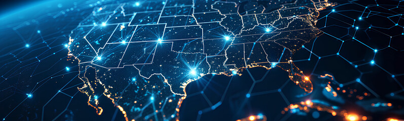 Abstract digital map of the Americas, American global network concept and connectivity, data transfer and cyber technology, information exchange and telecommunications. EE.UU.