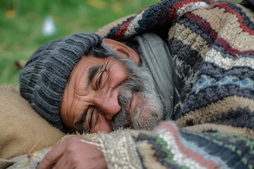 Wall Mural - Happy homeless man sleeping in the park.	