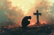© Bargais - Man praying in front of a cross.