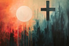 Painting Of Christian Cross At Sunset, Cityscape.