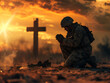 Christian soldier praying with cross in the background. Christian concept