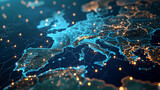 Fototapeta  - Abstract digital map of Western Europe, European global network concept and connectivity, data transfer and cyber technology, information exchange and telecommunications.
