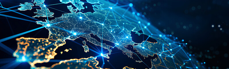 Wall Mural - abstract digital map of western europe, european global network concept and connectivity, data trans