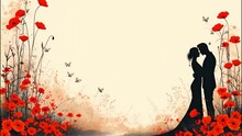 Watercolor Silhouette Of A Couple In Love Against The Background Of Red Poppies And Butterflies, Wedding Horizontal Video