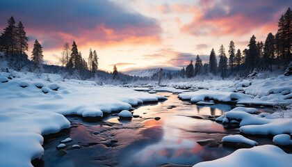 Wall Mural - majestic mountain peak reflects tranquil sunset, frozen winter landscape generated by ai