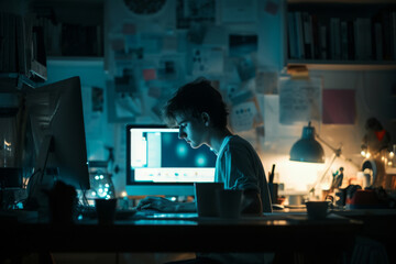 Aufkleber - A man engrossed in the digital world, surrounded by electronics and music, sits at his desk in front of a computer monitor and laptop, creating a personal haven within the walls of his indoor sanctua