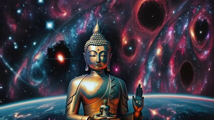 Wall Mural - Bronze Buddha statue on background of futuristic cosmic animation. Colorful night sky with stars and galaxies . AI generated cosmic animation with transformations