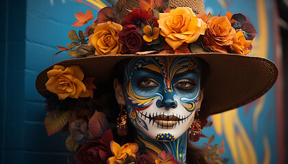 Sticker - Smiling women celebrate Halloween with colorful Day of the Dead costumes generated by AI