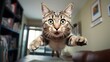 gray tabby young cat jumps in the apartment and flies in the air with a surprised muzzle. energetic cheerful cute cat destroys the house. pets