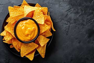 Top view of nachos with cheese sauce.