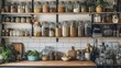An eclectic mix of preserved and fresh goods adorn a kitchen shelf, bringing warmth and vibrancy to the indoor space