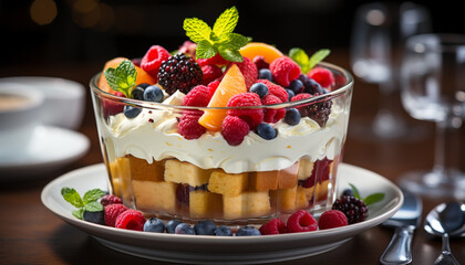 Canvas Print - Fresh berry parfait with yogurt, granola, and mint leaf garnish generated by AI