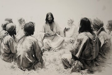 Canvas Print - Jesus teaches people, people sit around Him. Black and white illustration.