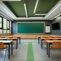 Wall Mural - Modern school classroom with seating and a green board. Back to school.