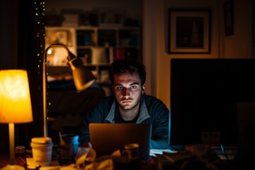 Poster - A man sits at his desk, his face illuminated by the glow of his laptop and a single candle, surrounded by the dark walls of his room as he works under the warm light of a lamp, his glasses reflecting