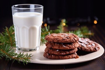 Wall Mural - 
Chocolate cookies for breakfast with a glass of milk on a white wooden table