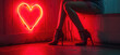 © SnowElf - Close-up female legs in High heels on grunge street background with red neon heart shape light. Neon Love Silhouette, copy space.