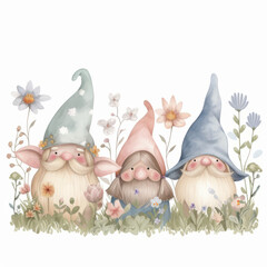 Adorable kawaii spring gnomes against a white background with soft pastel colors and delicate flowers. Adds a touch of whimsy and sweetness to  social media posts, stationery, and seasonal promotions.