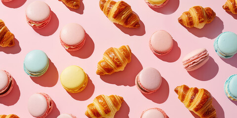 Wall Mural - French Patisserie sweet Pattern. Croissants and macarons on simple background, wallpaper for baking goods or pastry shop, top view.