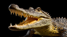 Crocodile Head With Open Mouth Isolated On Black Background.