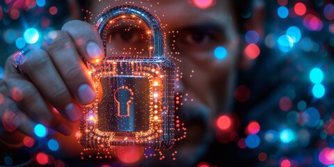 Poster - Digital Guardian: A Man Holds a Cybersecurity Lock Symbolizing Data Protection and Information Safety in the Digital World, Generative AI