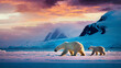 polar bear with cub on the ice at sunset