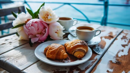 Sticker - Two croissants and a cup of coffee on a table