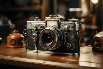 Poster - Vintage camera on a wooden table, representing the art of photography and nostalgia. Generative Ai.