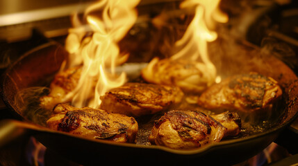 Wall Mural - Grilled chicken fillets in frying pan on fire, closeup