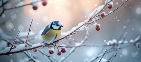 Sticker - Eurasian Blue Tit in a winter forest.