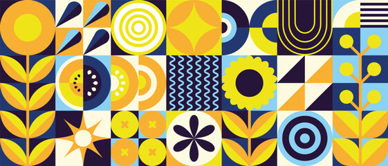 Small set of abstract geometric agriculture concept pattern in fabric style. A collage of plants of simple forms. Ukrainian color scheme