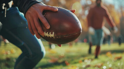 A close-up shot of a player holding an American football, ready to start a play in an informal outdoor game in a sunny park.