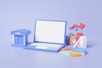 Poster - Computer laptop fund chart icon with percentage proportion data analytics optimization growth bank statistics finance graph business development concept. elements cartoon. 3d render illustration