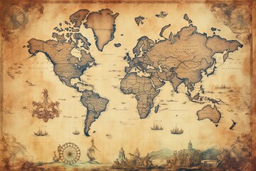 Ancient compass on old vintage world map background with Antique pirate rare items