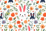 Fototapeta Dziecięca - watercolor illustration showcasing adorable rabbits surrounded by blooming flowers