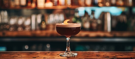 Poster - Close-up of a wooden bar with a dark cocktail.