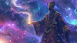 Mystical wizard casting spell in cosmic space. Fantasy and imagination.