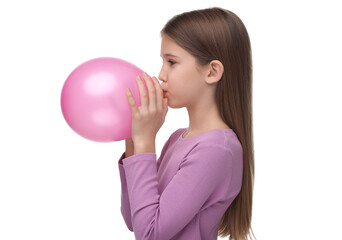 Poster - Girl inflating pink balloon on white background