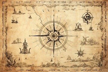  Ancient compass on old vintage world map background with Antique pirate rare items