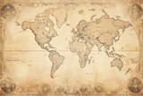 Fototapeta Mapy - Ancient compass on old vintage world map background with Antique pirate rare items