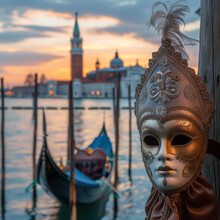 Venetian Mask at Sunset with Gondola and San Giorgio Maggiore in Background
