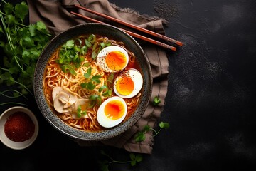 Wall Mural - Ramen on a beautiful dark background, top view