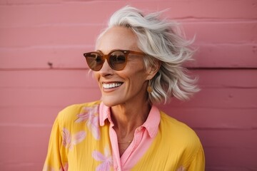 Wall Mural - Portrait of a smiling senior woman in sunglasses standing against pink wall