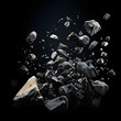 Design an isolated splash of rocks and stones against a black falling space. The composition evokes a sense of motion and wonder  Generative AI,