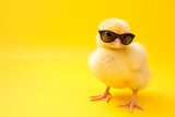 Fototapeta Zwierzęta - A fluffy yellow chick with stylish sunglasses on a bright yellow background.