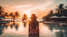 Silhouette Of Woman Watching Sunset By Pool And Palm Trees