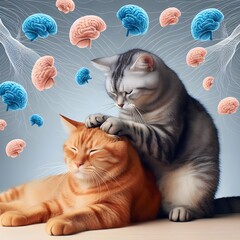 In the image, two cats are grooming each other. One orange cat is lying down while a gray cat stands above it, with its front paws on the orange cat's back. The background is gray, and there's a brain