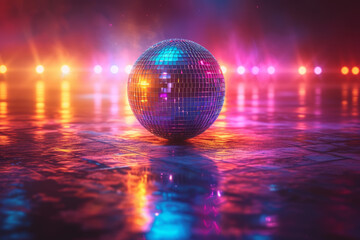 Canvas Print - A snapshot of a disco ball reflecting colorful lights on a dance floor, capturing the vibrant energy of 70s dance clubs. Concept of disco nostalgia. Generative Ai.