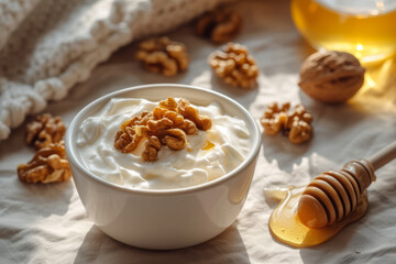 Greek yoghurt with honey and walnuts in a bowl. Healthy breakfast. Generative AI